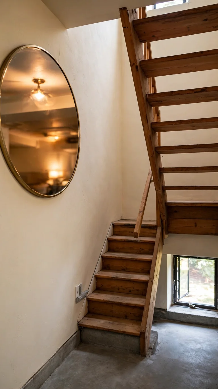 Round brass-framed mirror hung on a basement stairwell wall.