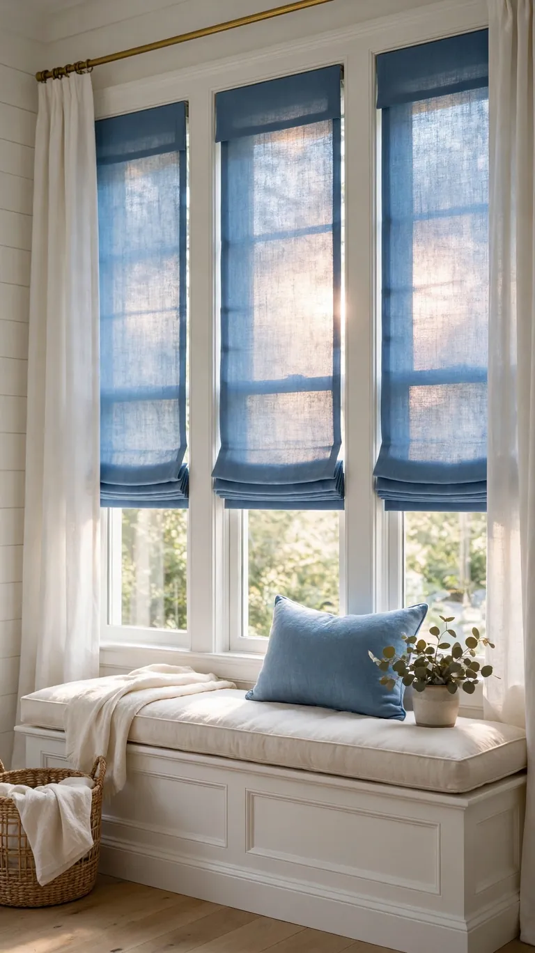 Blue roman shades mounted inside tall living room windows with white side panels.