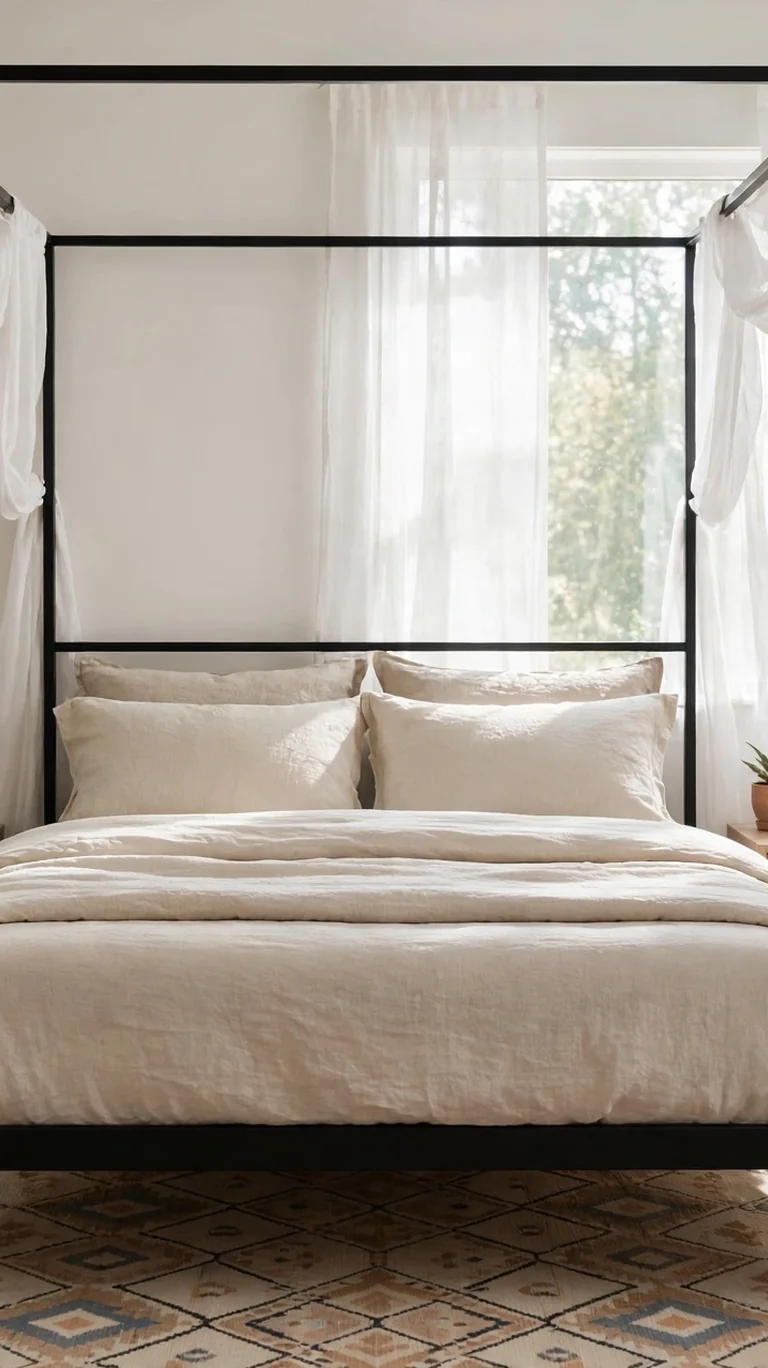 Modern canopy bed frame with sheer white drapes in a bright teen bedroom.