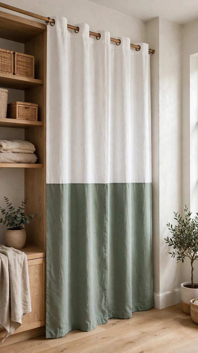 22 Creative Closet Curtain Ideas for a Stylish, Space-Saving Upgrade 14 Color-blocked closet curtain with a white top panel and a sage green bottom band joined by a clean seam.