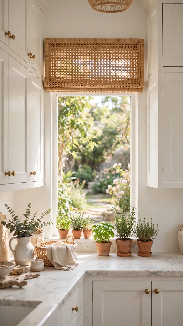 Woven rattan valance across the top of a bright coastal kitchen window.
