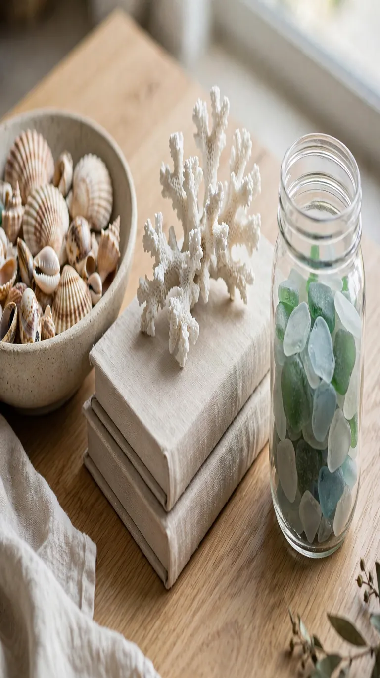 Coffee table vignette with a bowl of shells, a coral sculpture on stacked books, and a jar of sea glass.