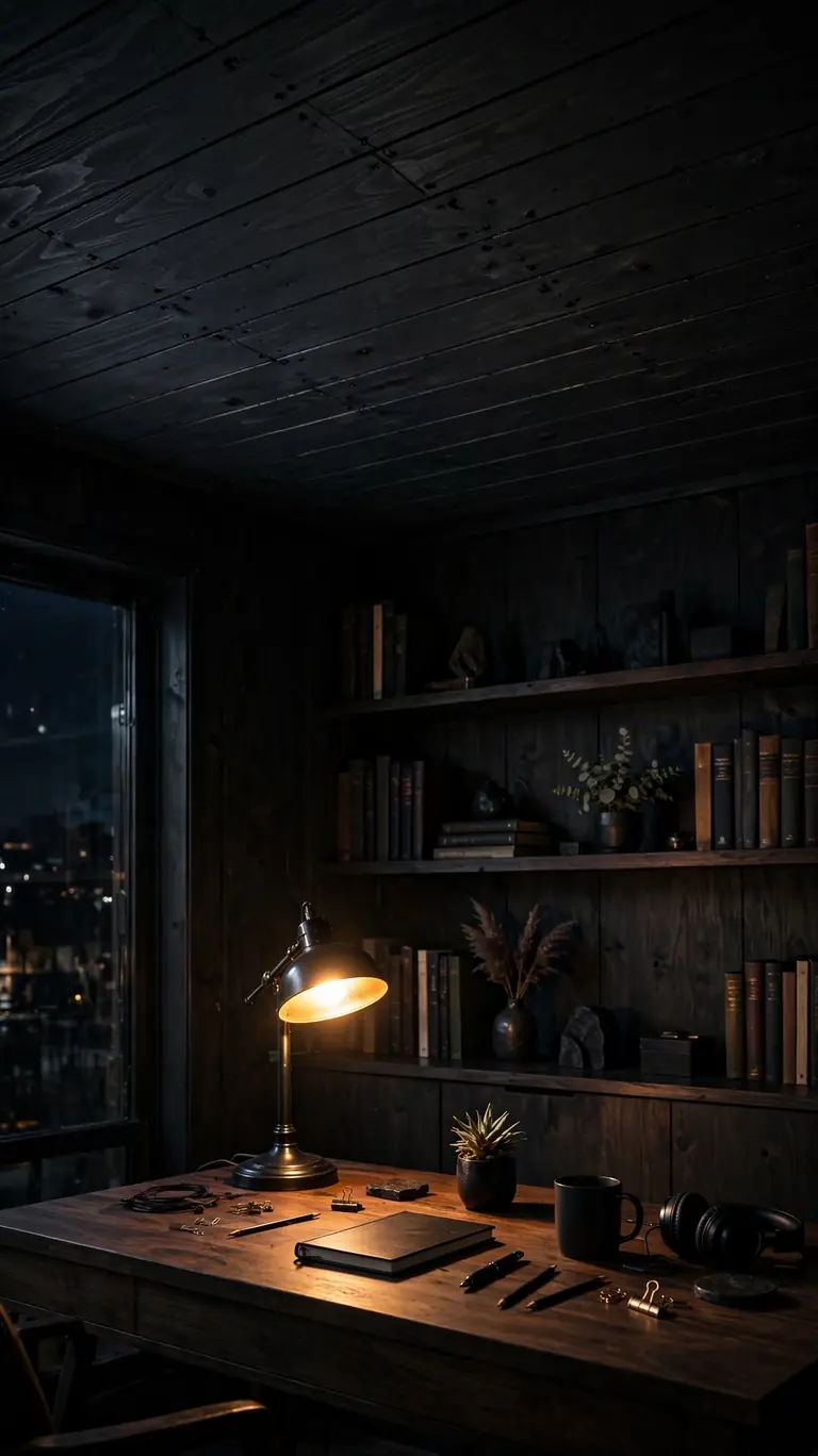Moody home office with a matte black painted plywood plank ceiling and warm desk lamp.