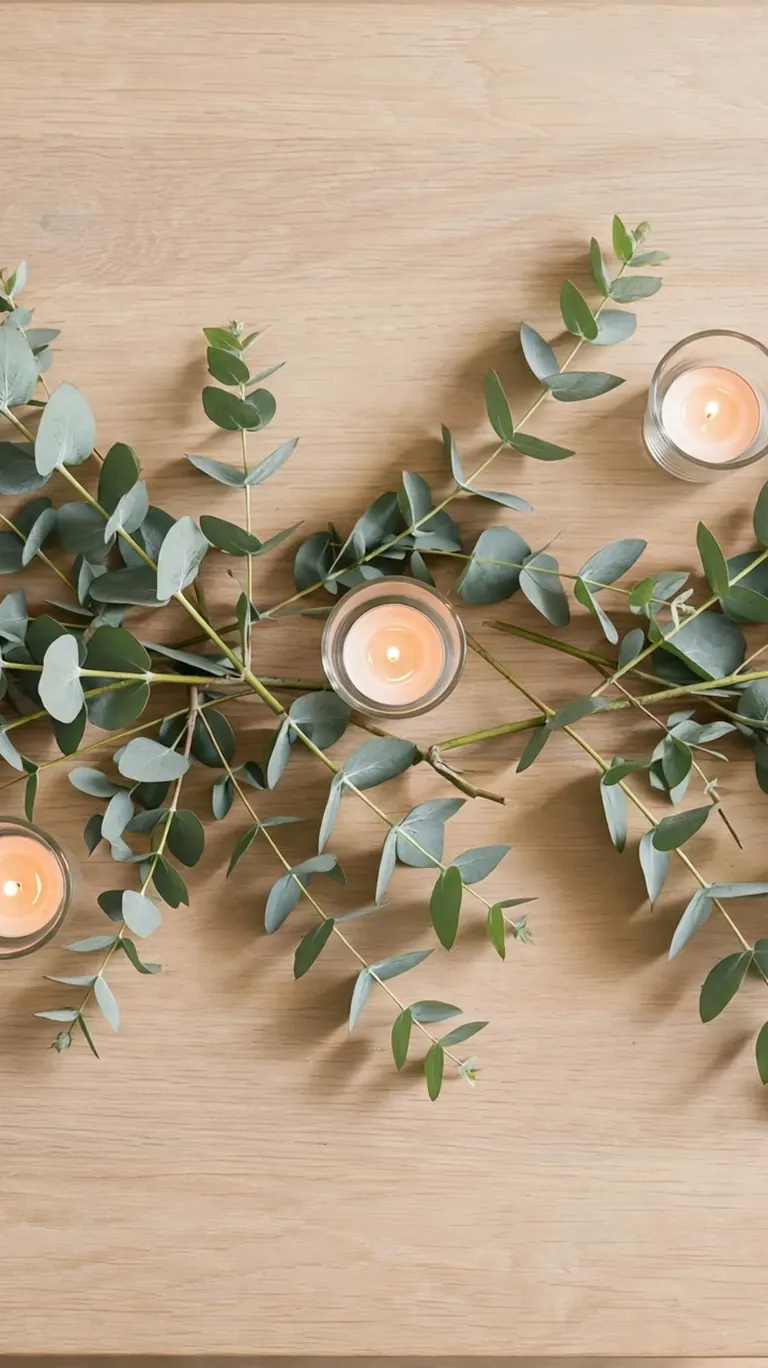 Loose bundle of fresh eucalyptus stems with small glass tea light holders laid across a coffee table.