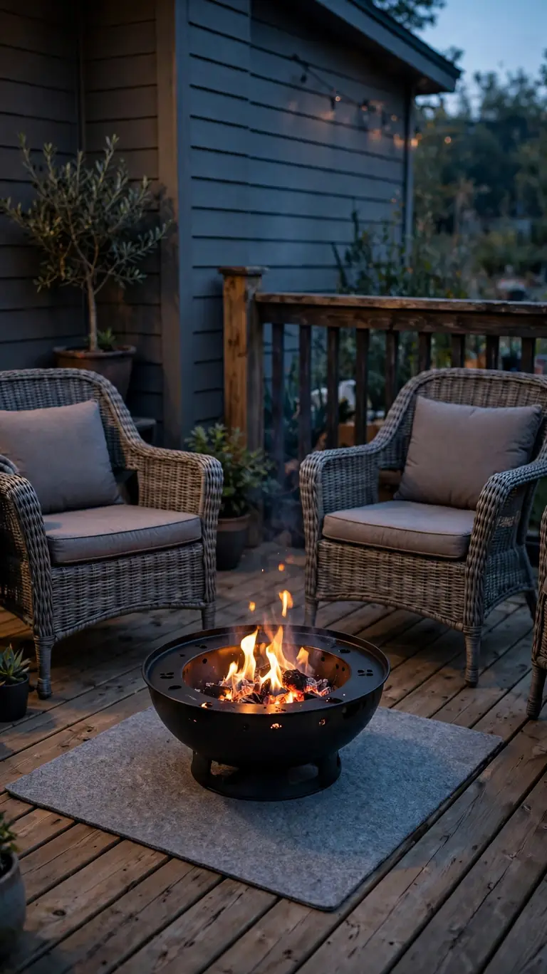 Portable fire pit on a heat-safe pad surrounded by chairs on a deck corner at dusk.