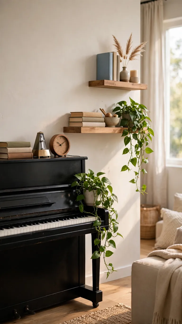 Add Floating Shelves Above or Beside the Piano