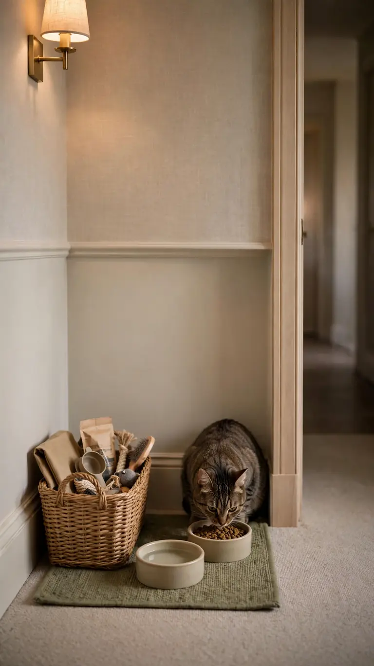 16 Clever Cat Food Station Ideas to Keep Your Home Organized 14 A quiet hallway alcove with a small feeding mat, two cat bowls, and a storage basket for supplies, a cat eating calmly.