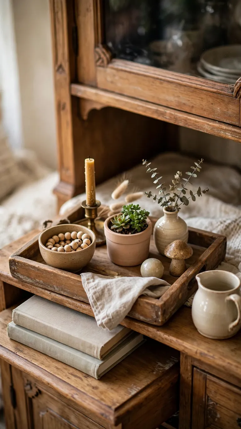 Small decor items corralled on a wooden tray as a styled vignette on a hutch shelf.