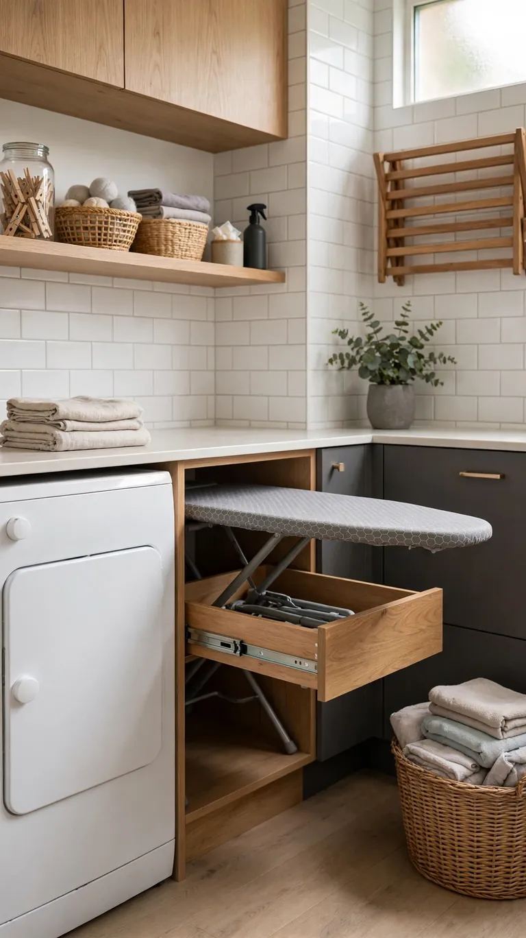 18 Small Laundry Room Ideas That Maximize Every Inch 14 Install a Pull-Out Ironing Board