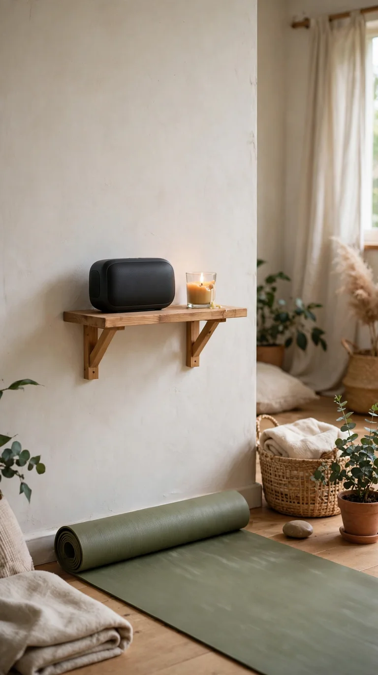 14 Inspiring Yoga Room Ideas for a Peaceful Home Retreat 14 Small wooden shelf in a yoga room holding a compact speaker and a candle beside the yoga mat.