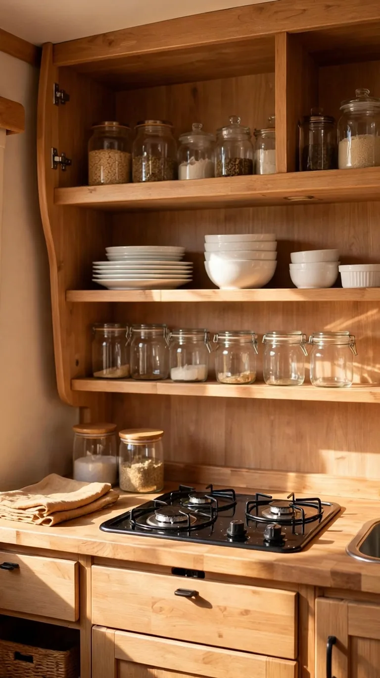 Caravan kitchen shelves with doors removed, displaying tidy dishes, jars, and a small plant.
