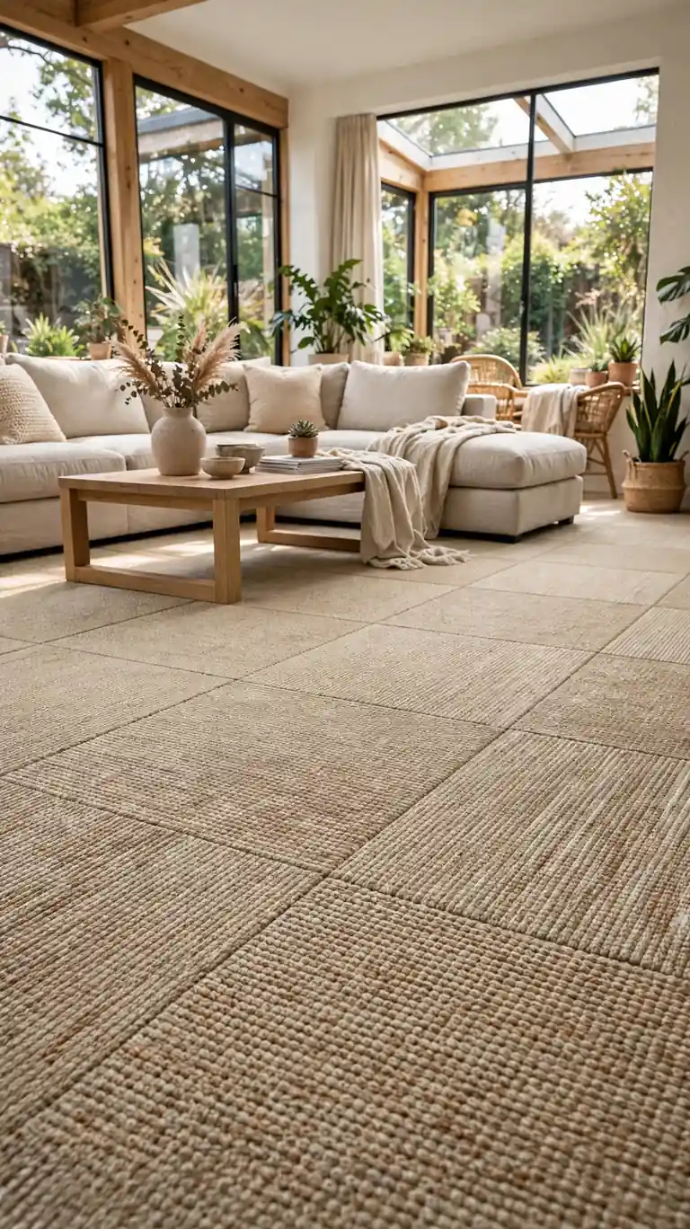 Sunroom with outdoor-rated carpet tiles in a neutral sisal look, sectional sofa, and coffee table.