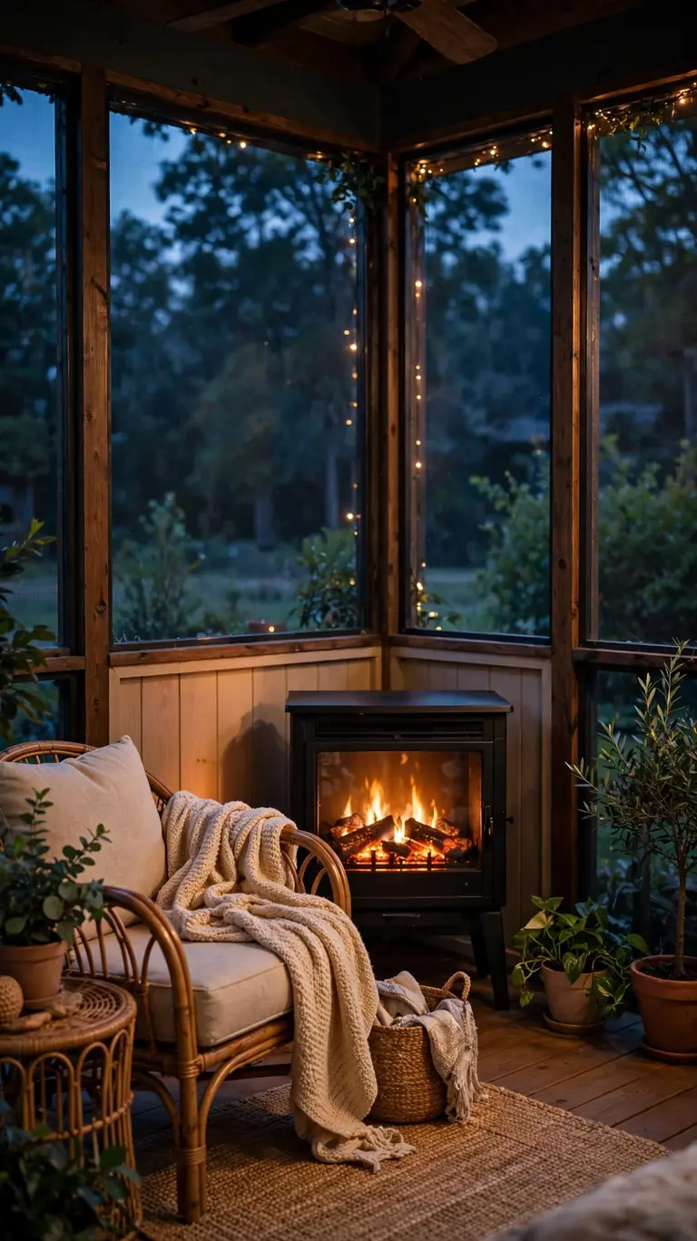 Freestanding electric fireplace glowing warmly against the wall of a screened porch at dusk, with an armchair and throw blanket nearby.