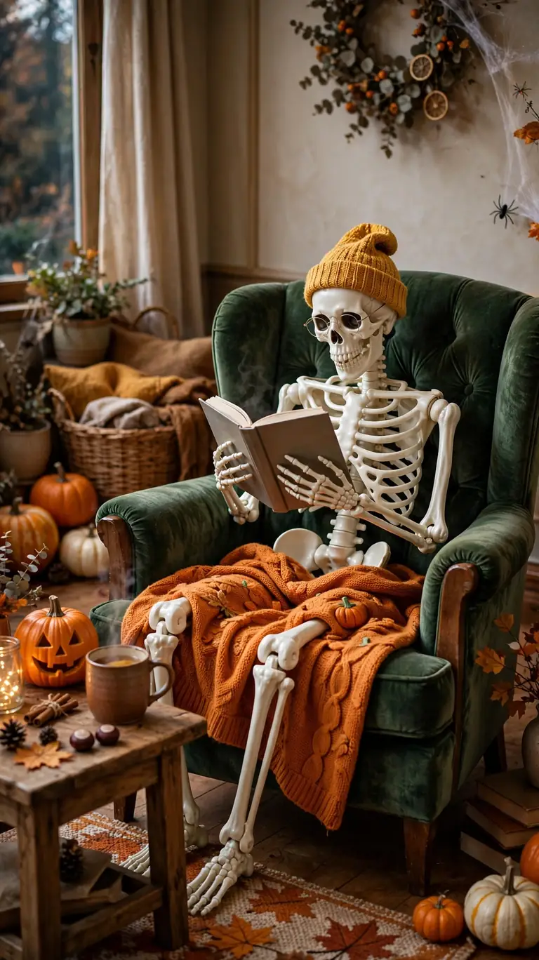 25 Stylish Halloween Decor Ideas That Are Chic, Not Cheesy 14 A Casually Posed Skeleton