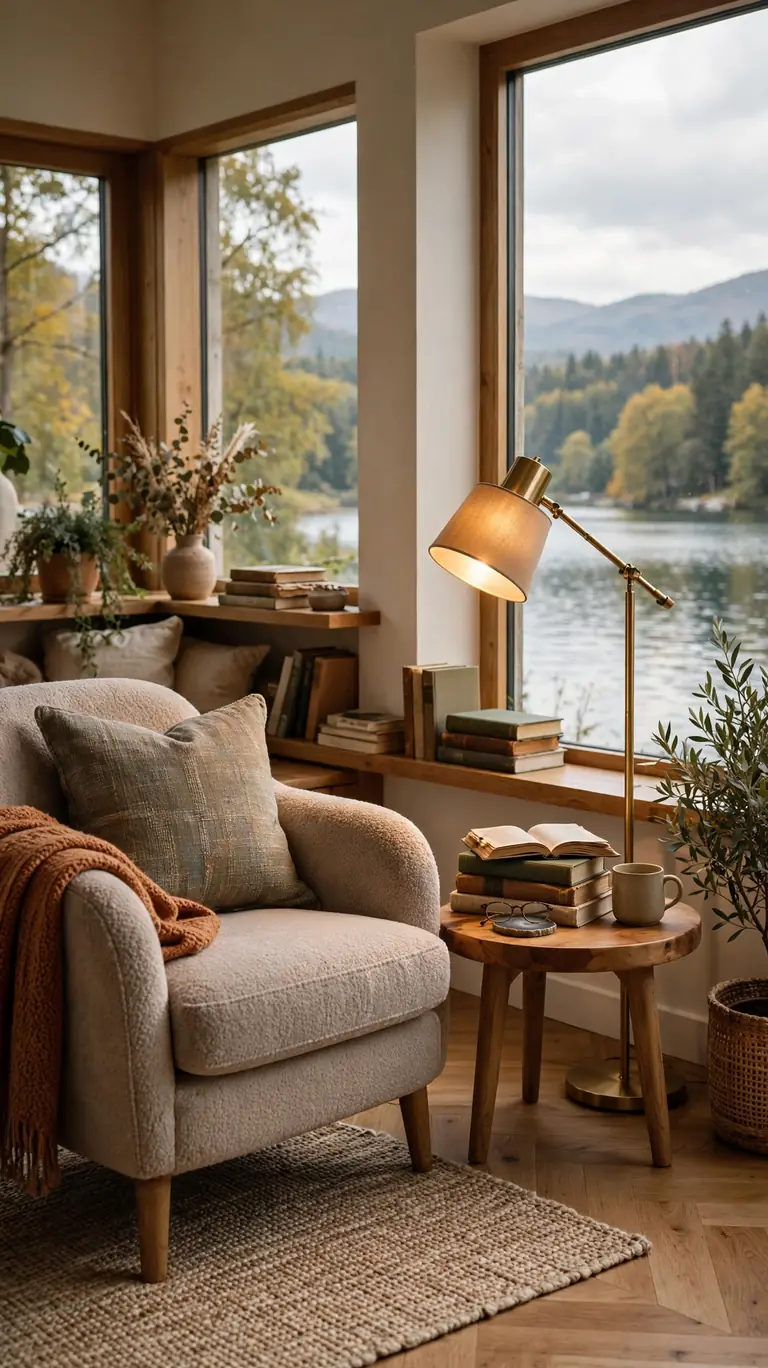 21 Small Lake Cottage Interior Design Ideas That Feel Cozy and Inviting 14 Cozy reading nook with an armchair, side table, books, and a warm floor lamp angled toward the lake view.