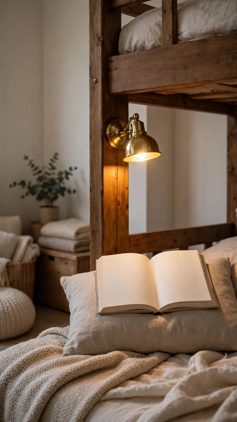 Small brass reading sconce mounted on a bunk bed post glowing over an open book on the pillow.