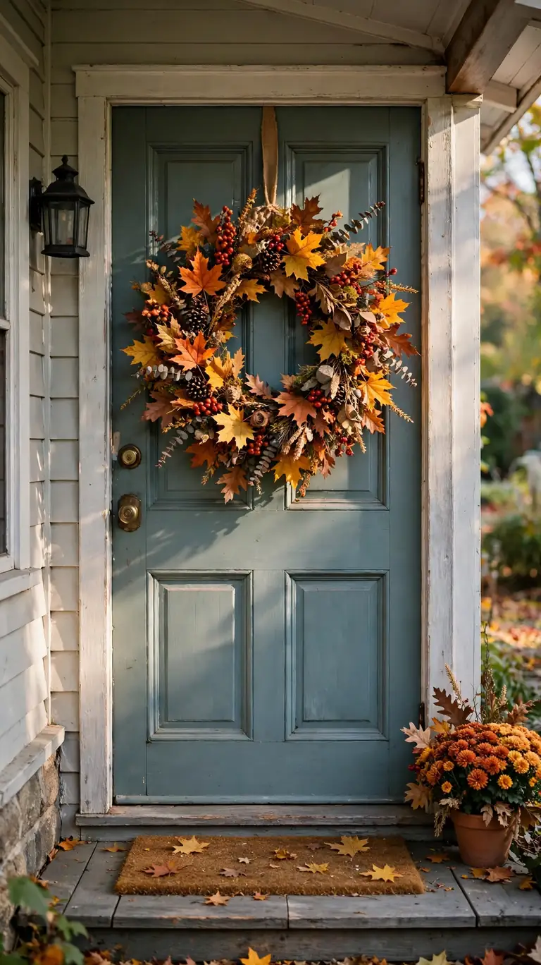 Seasonal fall wreath with autumn leaves and berries hanging on a painted front door of a small porch.