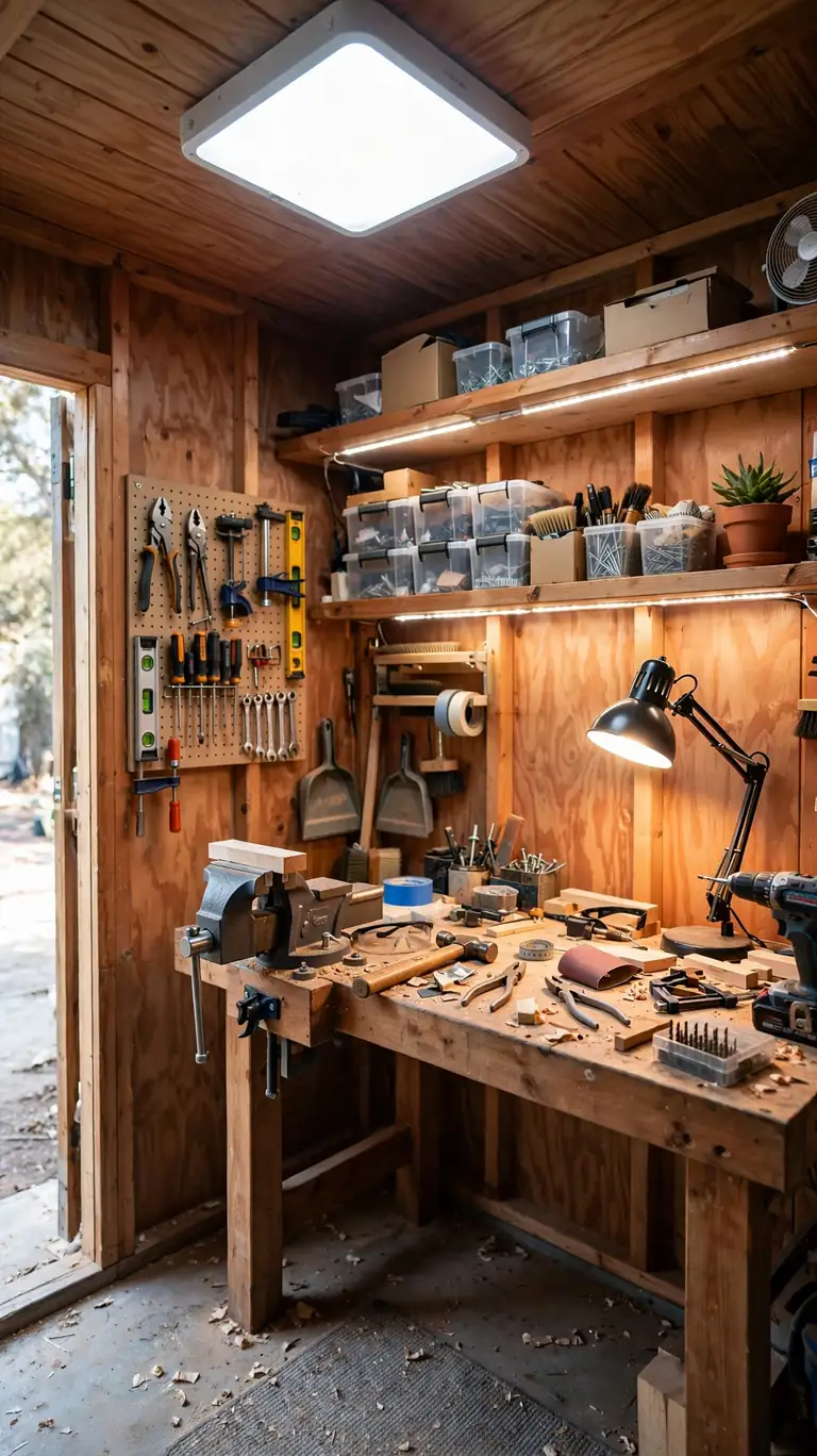 A well-lit shed workshop with a bright overhead LED light, under-shelf light strips over a workbench, and a task lamp illuminating each work zone.