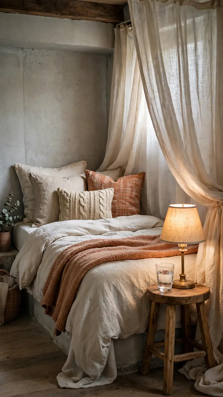 19 Small Basement Ideas to Make the Most of Any Space 14 Comfortable guest sleeping area in a basement with a daybed, warm bedding, and a privacy curtain.