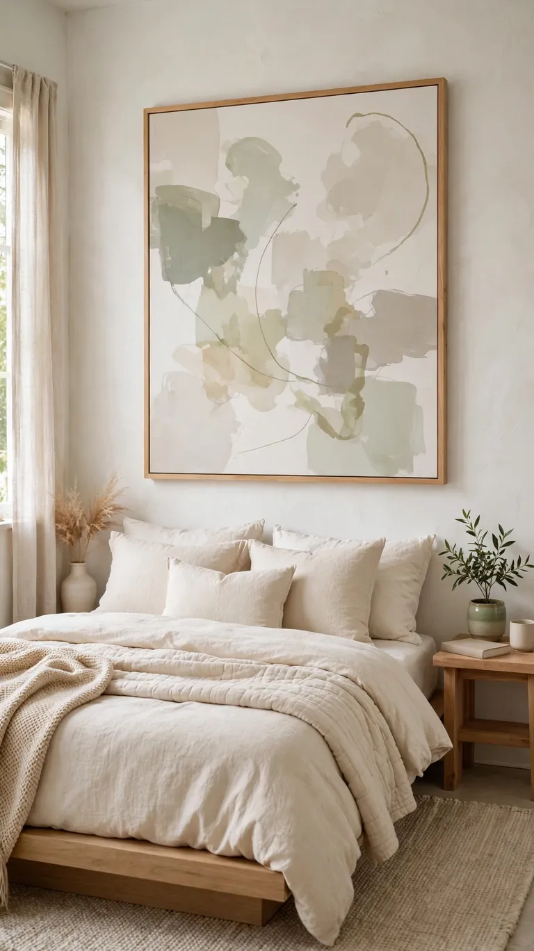Small bedroom with one large calming artwork hung above the bed as a focal point.