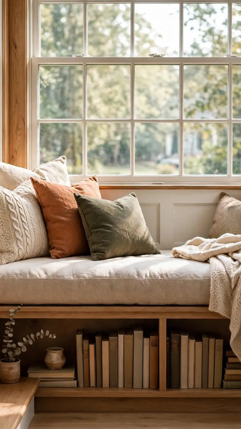 Cozy stair-landing window seat with a thick cushion, layered throw pillows and a knit throw, with bookshelves built in below and soft daylight streaming through a multi-paned window.