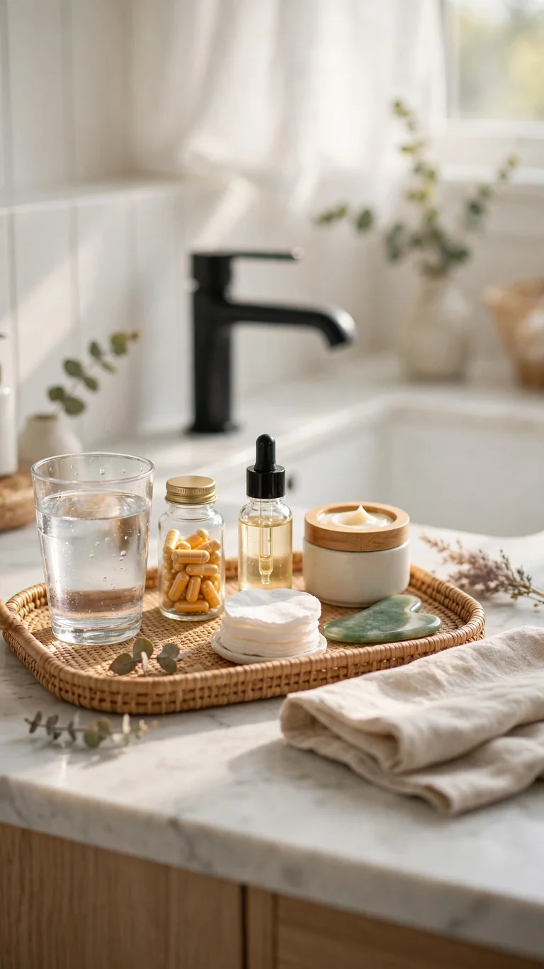 Bathroom tray with daily essentials kept visible on the counter.