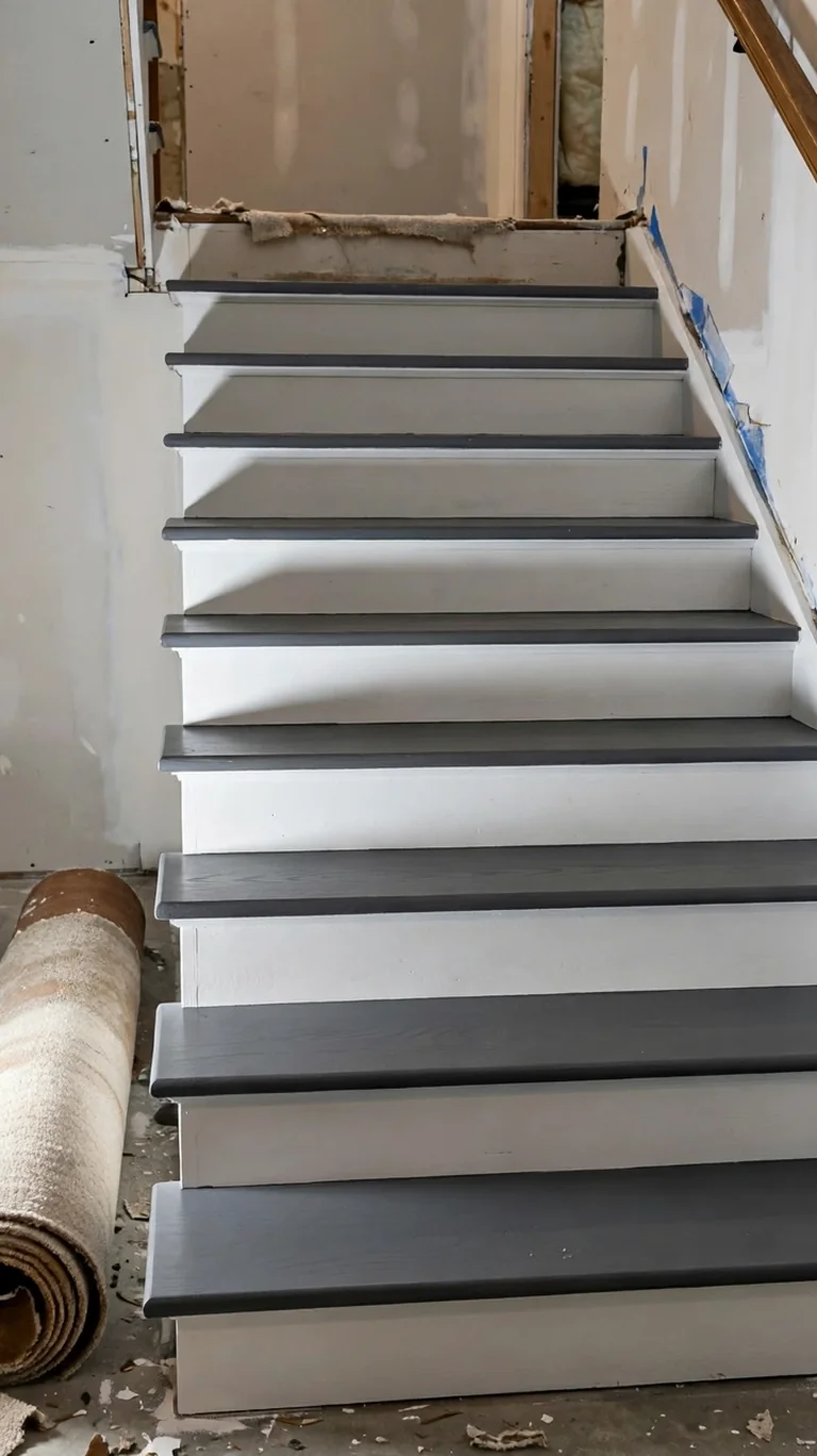 Basement stairs with old carpet removed, revealing freshly painted wood treads.