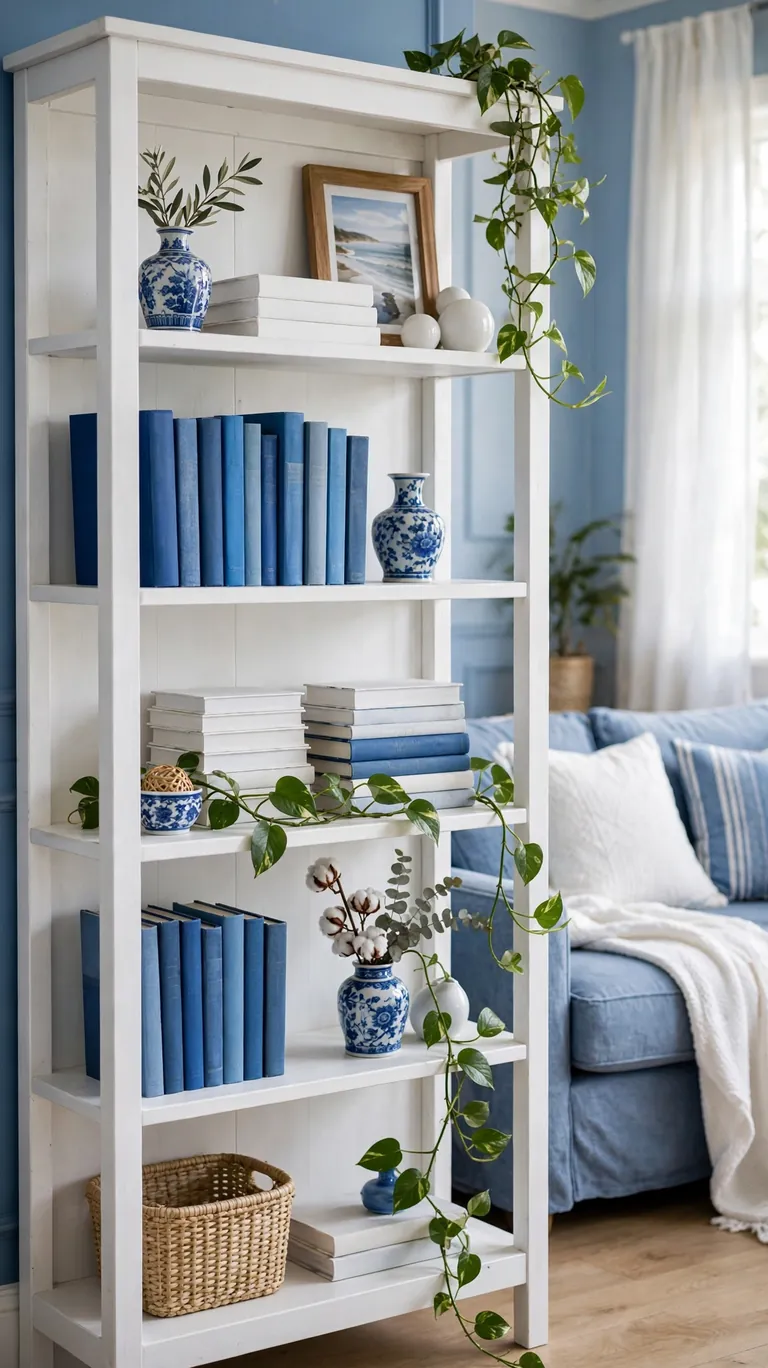 Styled bookshelf with blue and white books, vases, and decor objects.