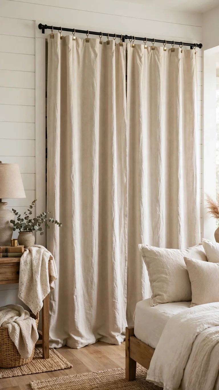 22 Creative Closet Curtain Ideas for a Stylish, Space-Saving Upgrade 15 Natural oatmeal drop cloth curtain on clip rings covering a closet in a farmhouse-style bedroom.
