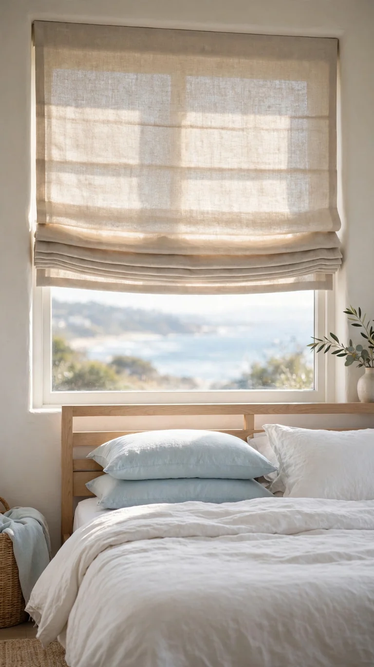 Soft oatmeal linen roman shades with gentle folds in a calm coastal bedroom.