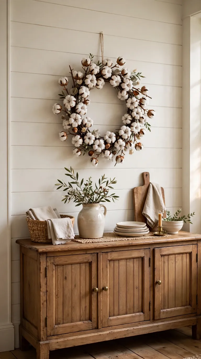 Cotton stem wreath with soft white bolls hanging on a shiplap dining room wall above a sideboard.