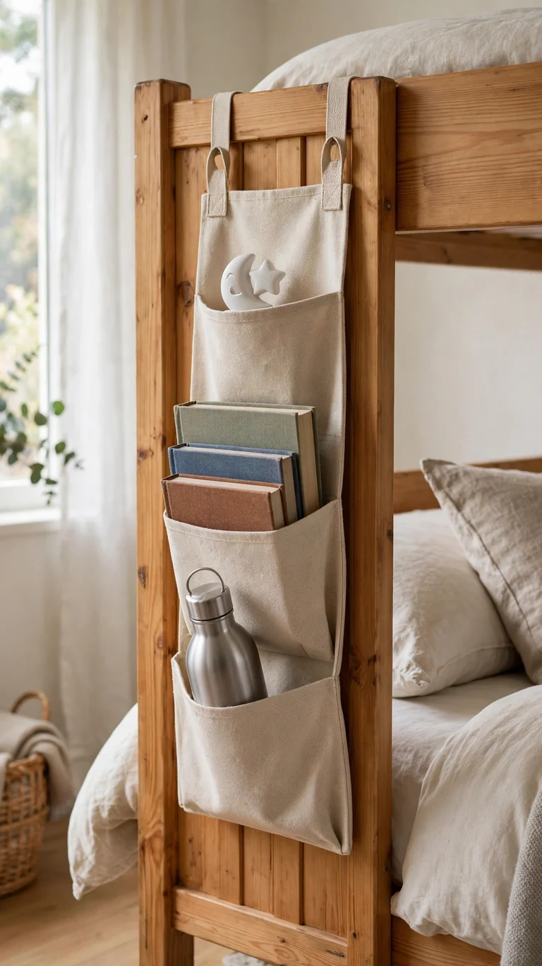 Fabric storage caddy hanging on a bunk bed end panel holding books, a water bottle, and a nightlight.