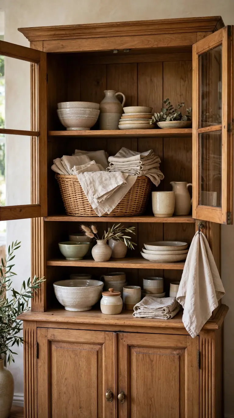 Hutch shelf with a woven basket and folded linen napkins adding soft texture among ceramics.