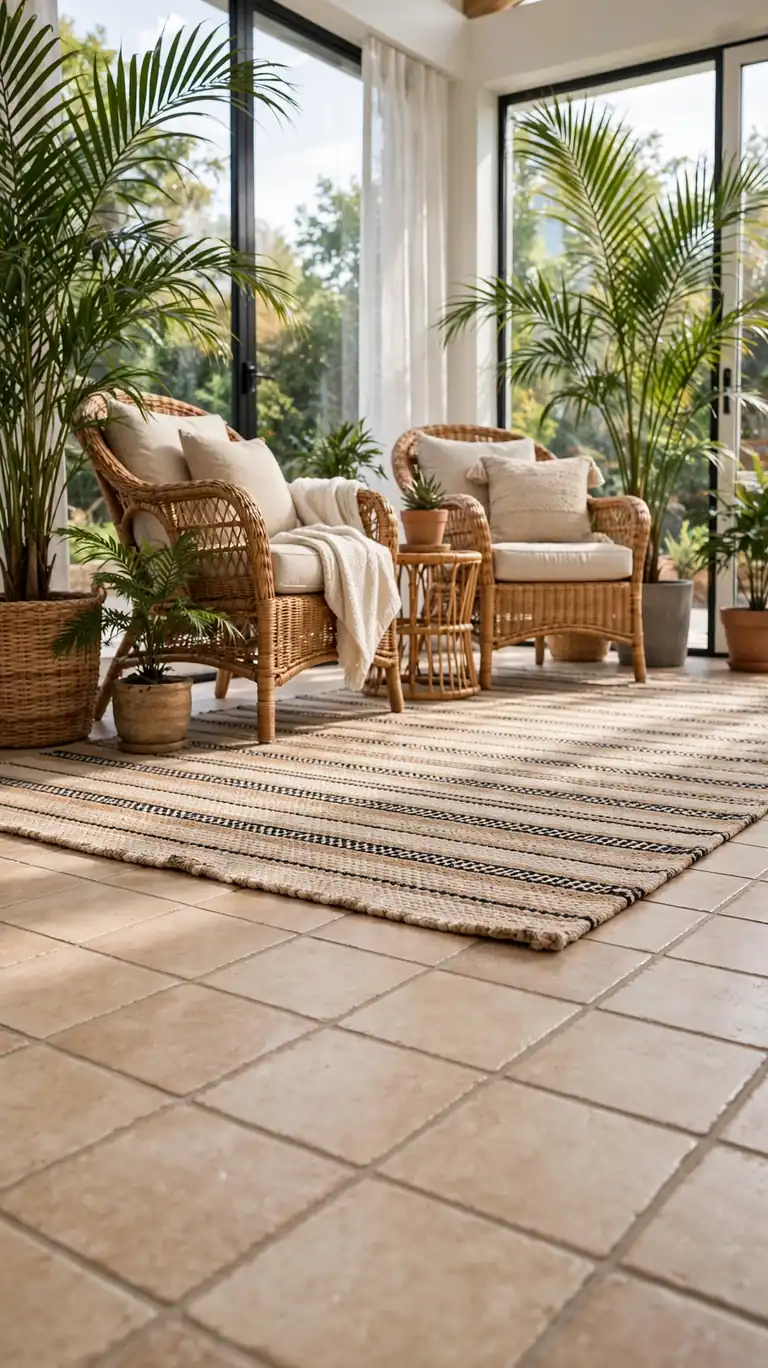 Sunroom with an indoor-outdoor rug layered over tile flooring, wicker armchairs, and potted palms.