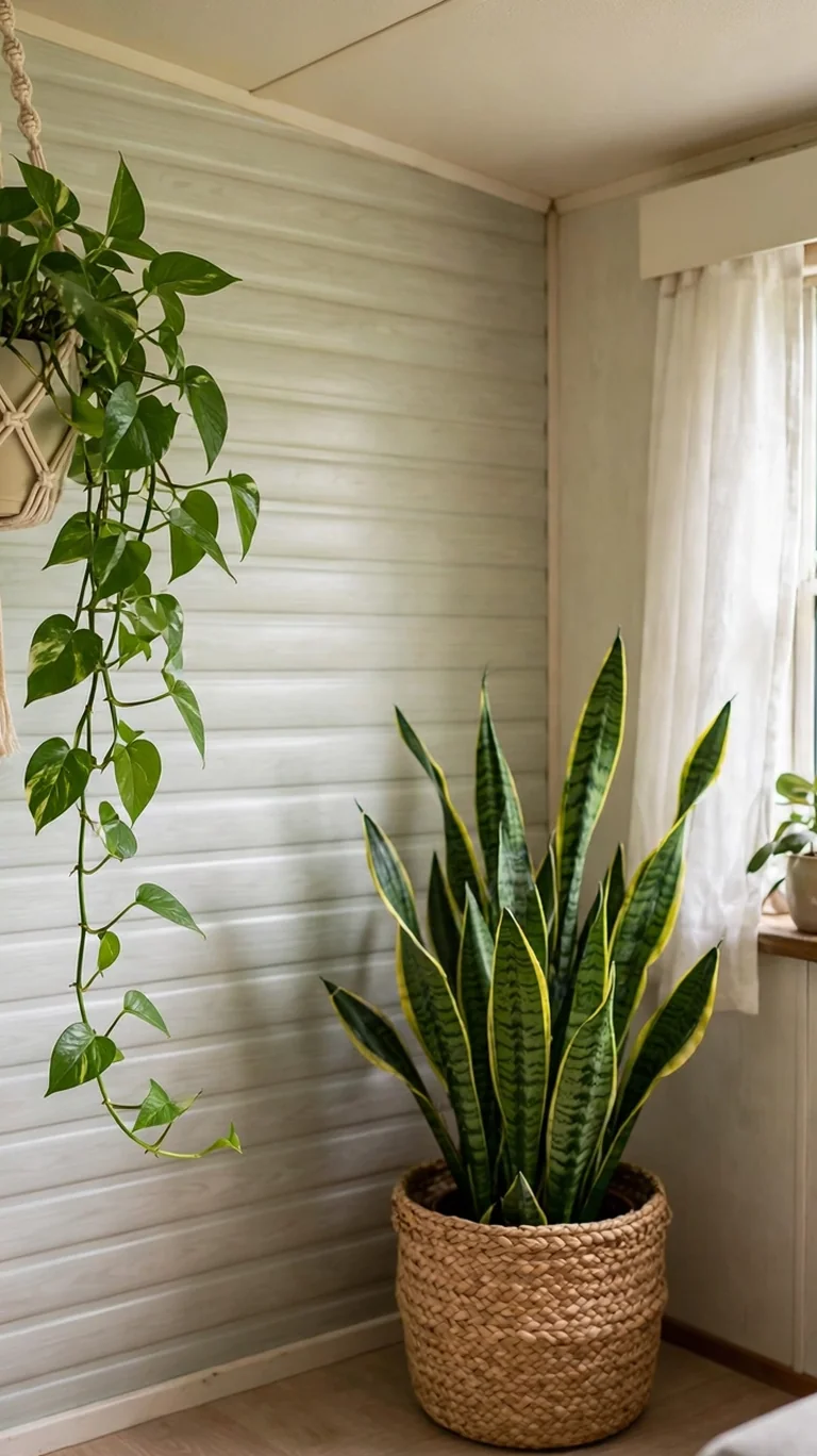 17 Trailer Decor Ideas to Make Your Mobile Home Feel Cozy and Stylish 15 Hanging and potted green plants adding life to a bright trailer living room corner.