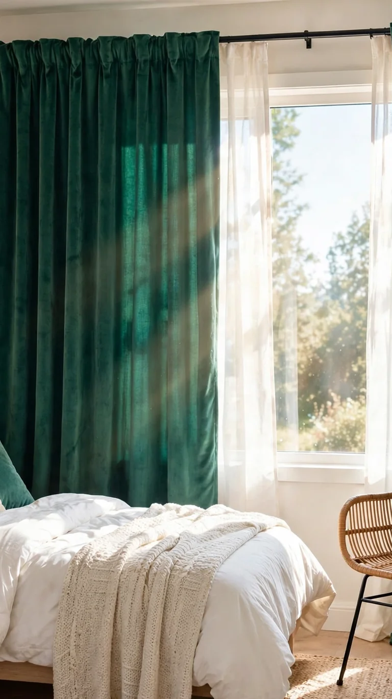 Teen bedroom window dressed with emerald jewel-tone curtains hung high and wide.