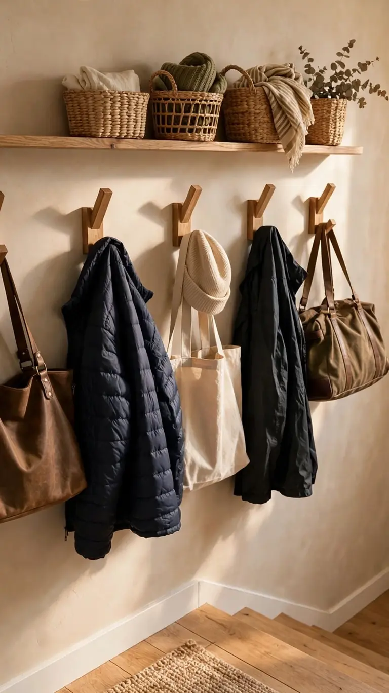 Tidy landing-wall drop zone with wooden hooks holding jackets, bags, and a beanie, plus a narrow shelf above with woven baskets, beside a staircase.