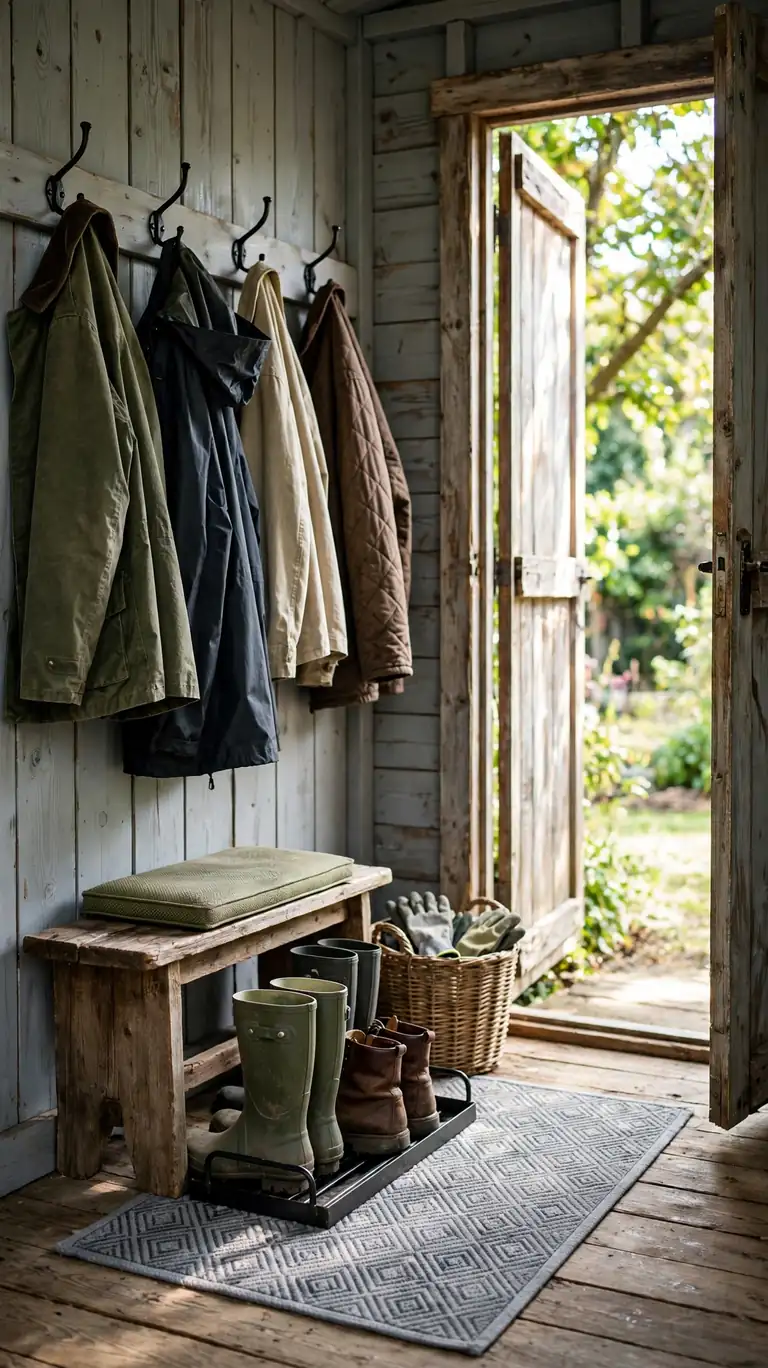 A shed entry area styled like a mudroom with a boot tray, wall hooks with jackets, a small bench, washable mat, and a basket for gloves.
