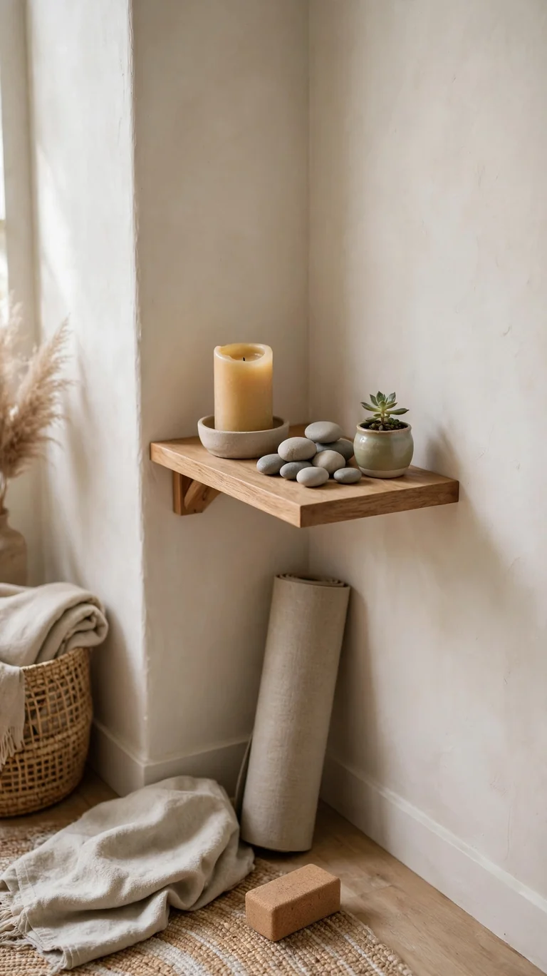14 Inspiring Yoga Room Ideas for a Peaceful Home Retreat 15 Small wooden altar shelf with a candle, a framed quote, smooth stones, and a tiny plant in a yoga room corner.
