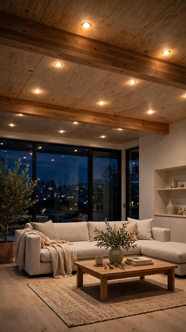 Modern living room with a natural plywood plank ceiling and flush warm recessed LED lights.