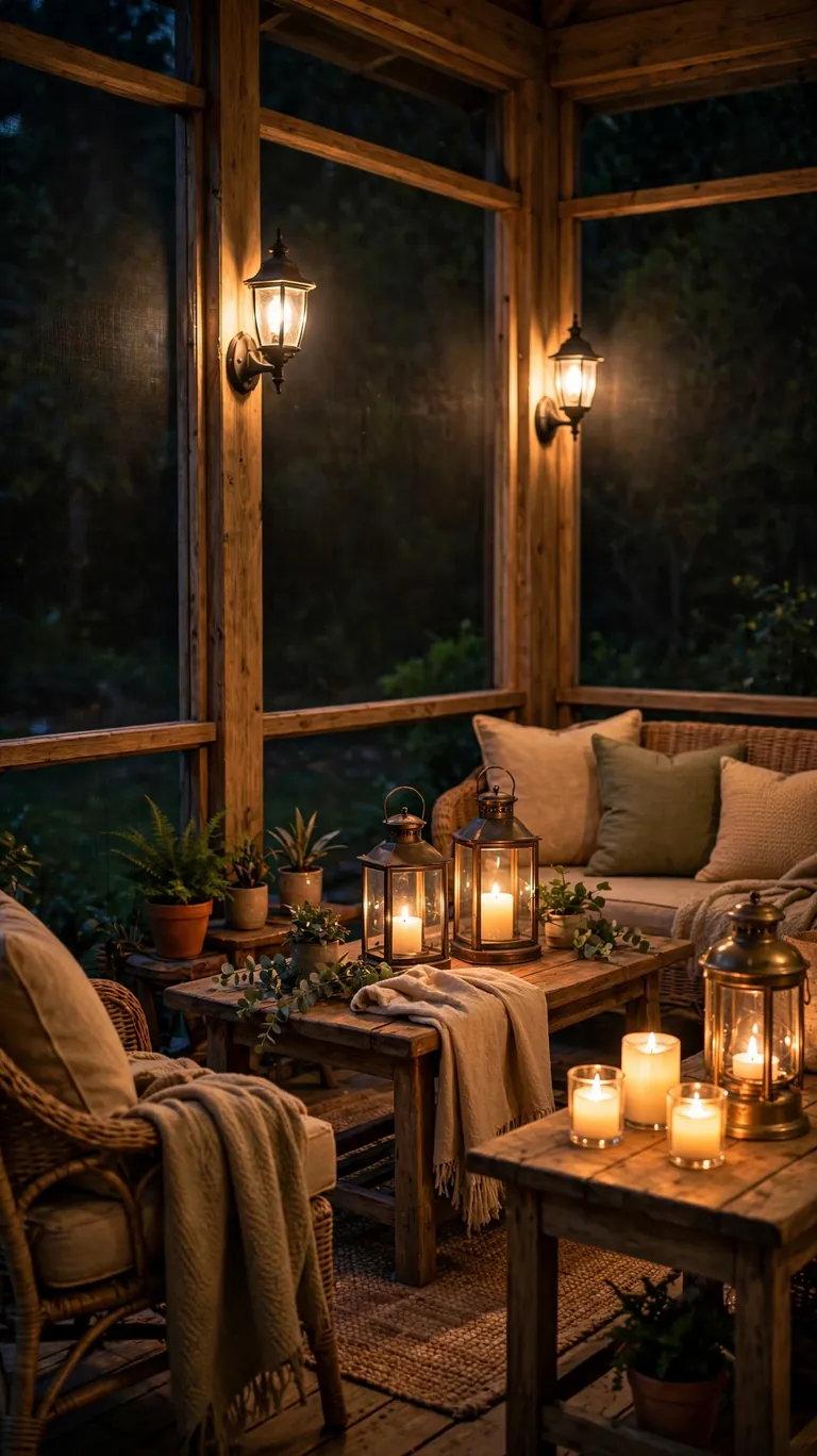 Screened porch at night lit by wall-mounted lantern sconces, tabletop lanterns, and LED candles on a side table.