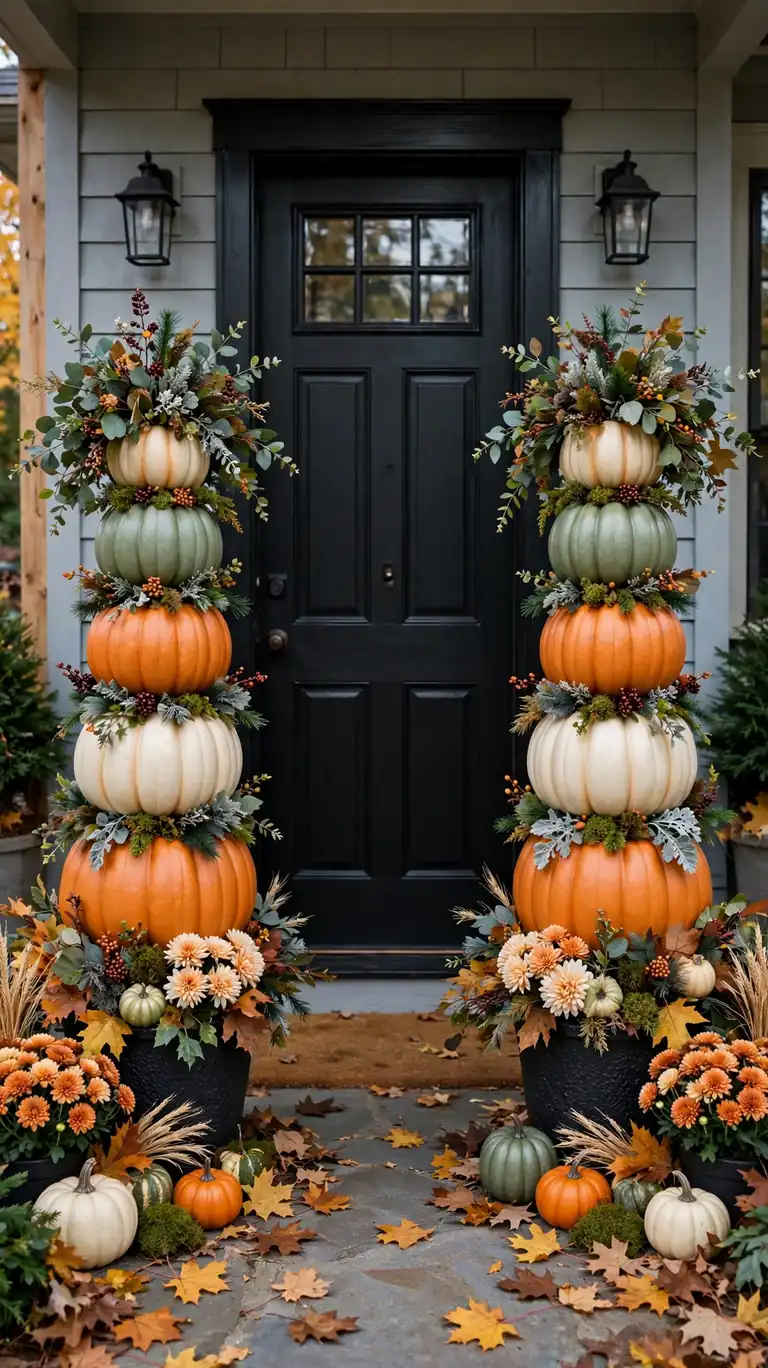 25 Stylish Halloween Decor Ideas That Are Chic, Not Cheesy 15 Stacked Pumpkin Topiaries by the Door