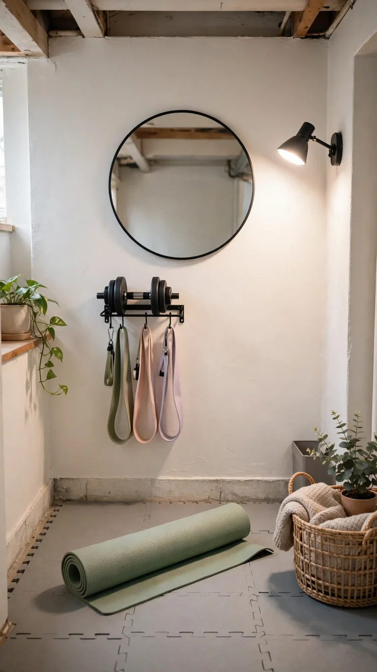 19 Small Basement Ideas to Make the Most of Any Space 15 Small basement workout corner with a yoga mat, dumbbells, and a wall mirror.