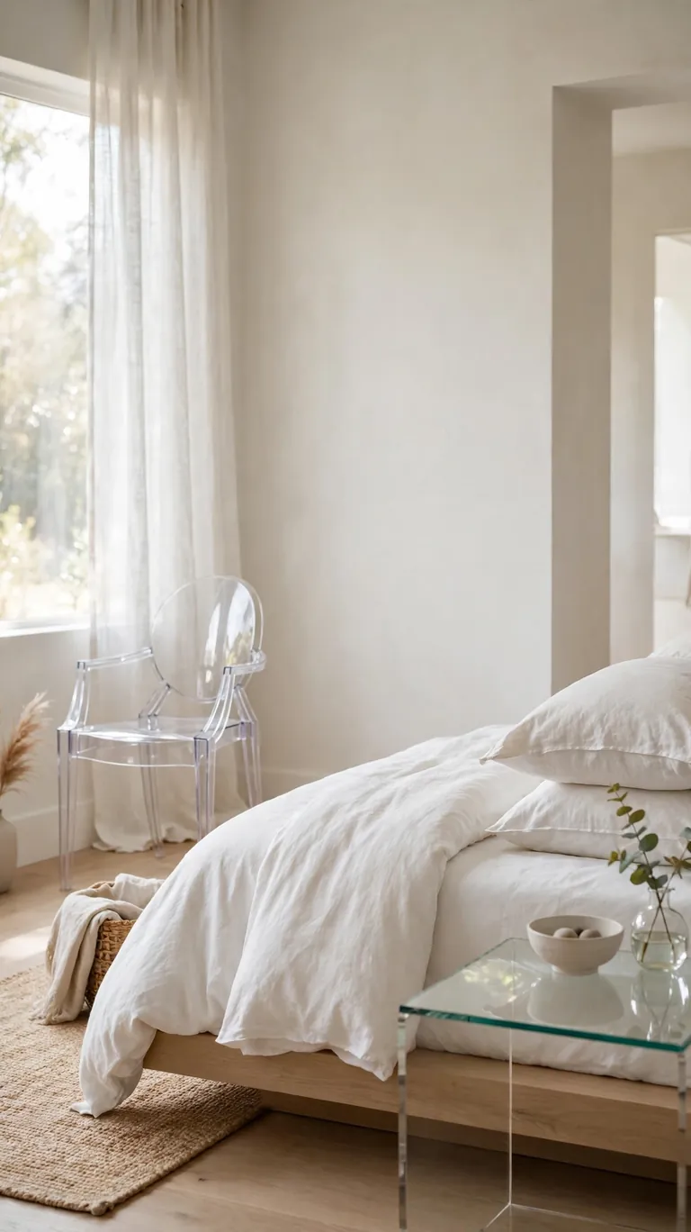 Small bedroom with a transparent acrylic chair and glass side table keeping sightlines open.