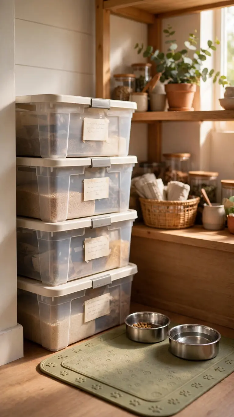 16 Clever Cat Food Station Ideas to Keep Your Home Organized 15 A neat stack of labeled storage bins in a pantry corner with a feeding mat and cat bowls beside it.