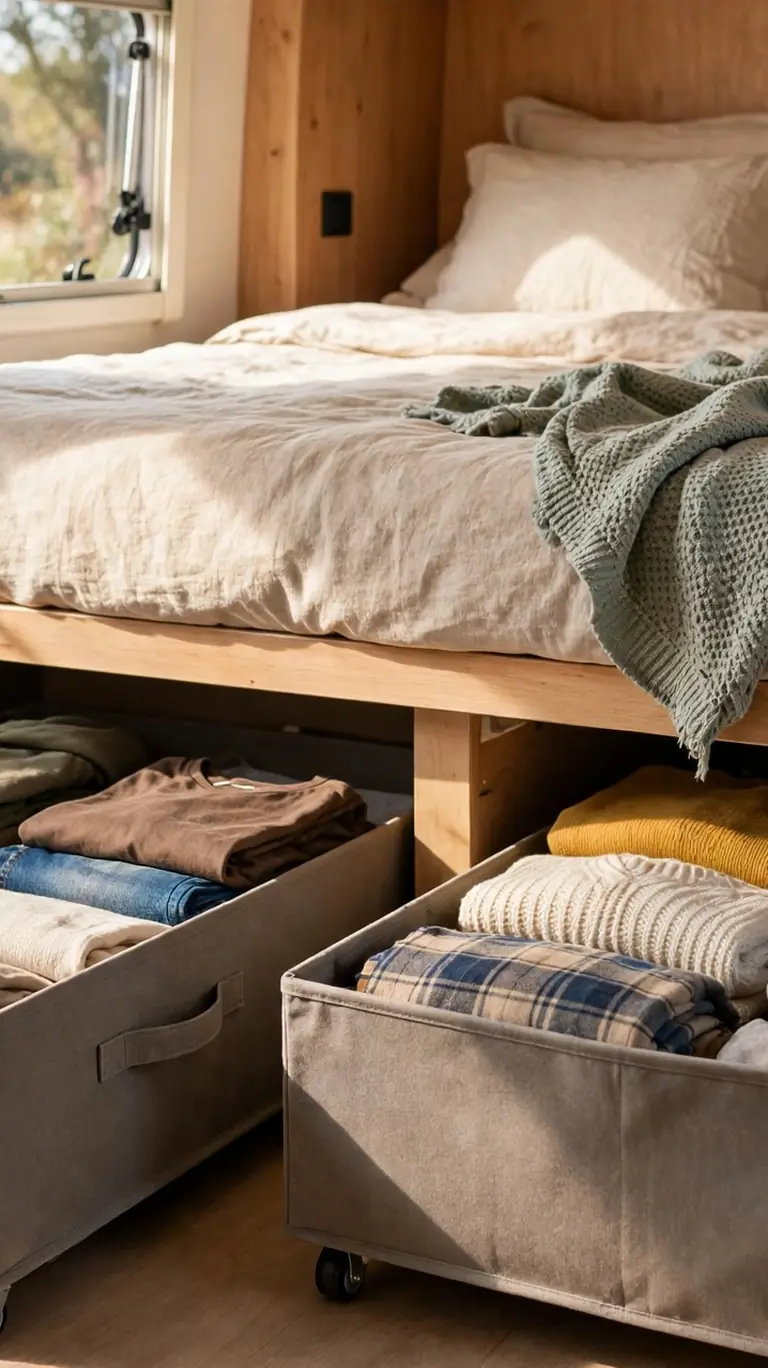 Low wheeled storage boxes sliding out from under a raised caravan bed.