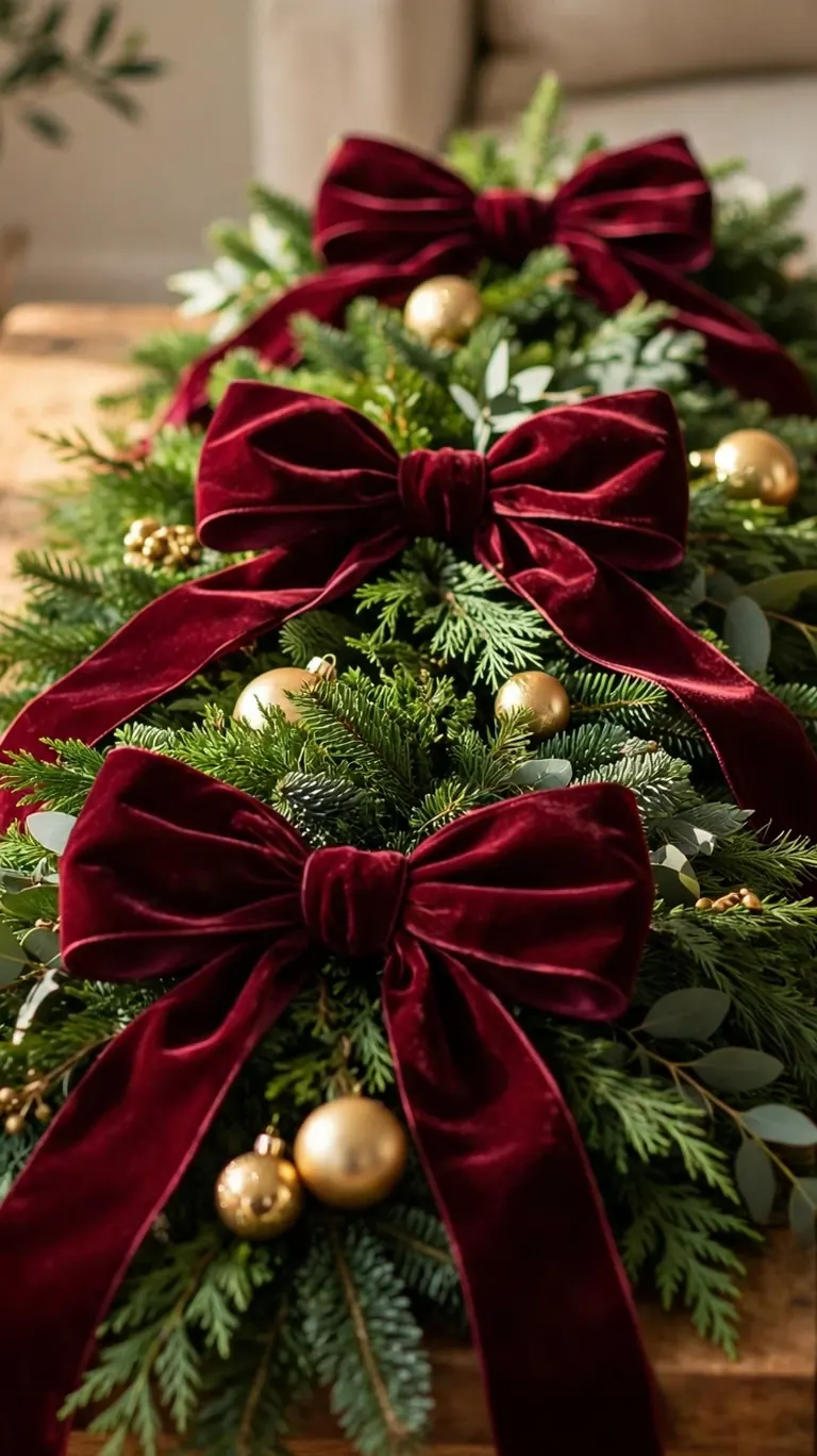 Green Christmas garland on a coffee table decorated with large burgundy velvet ribbon bows.