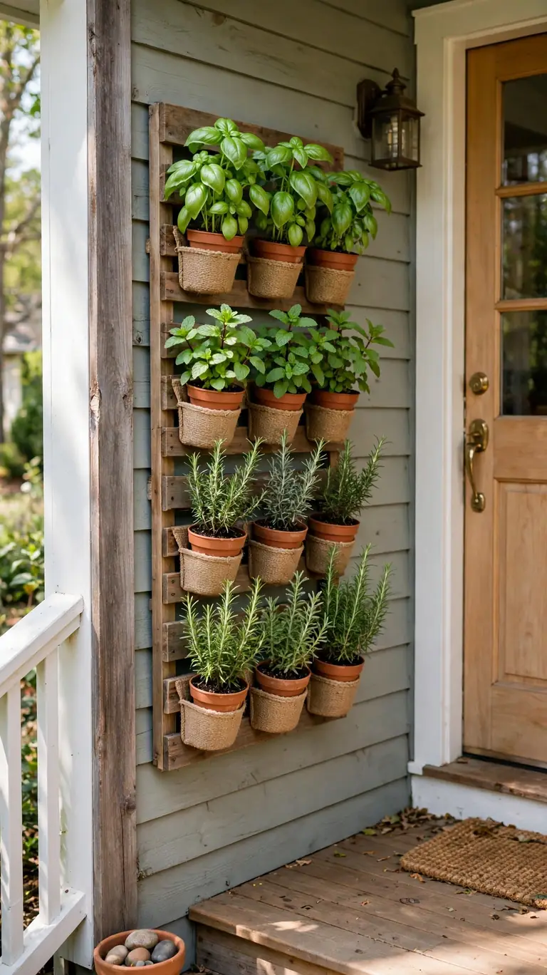 Vertical herb garden with small potted basil, mint, and rosemary mounted on the wall of a small front porch.