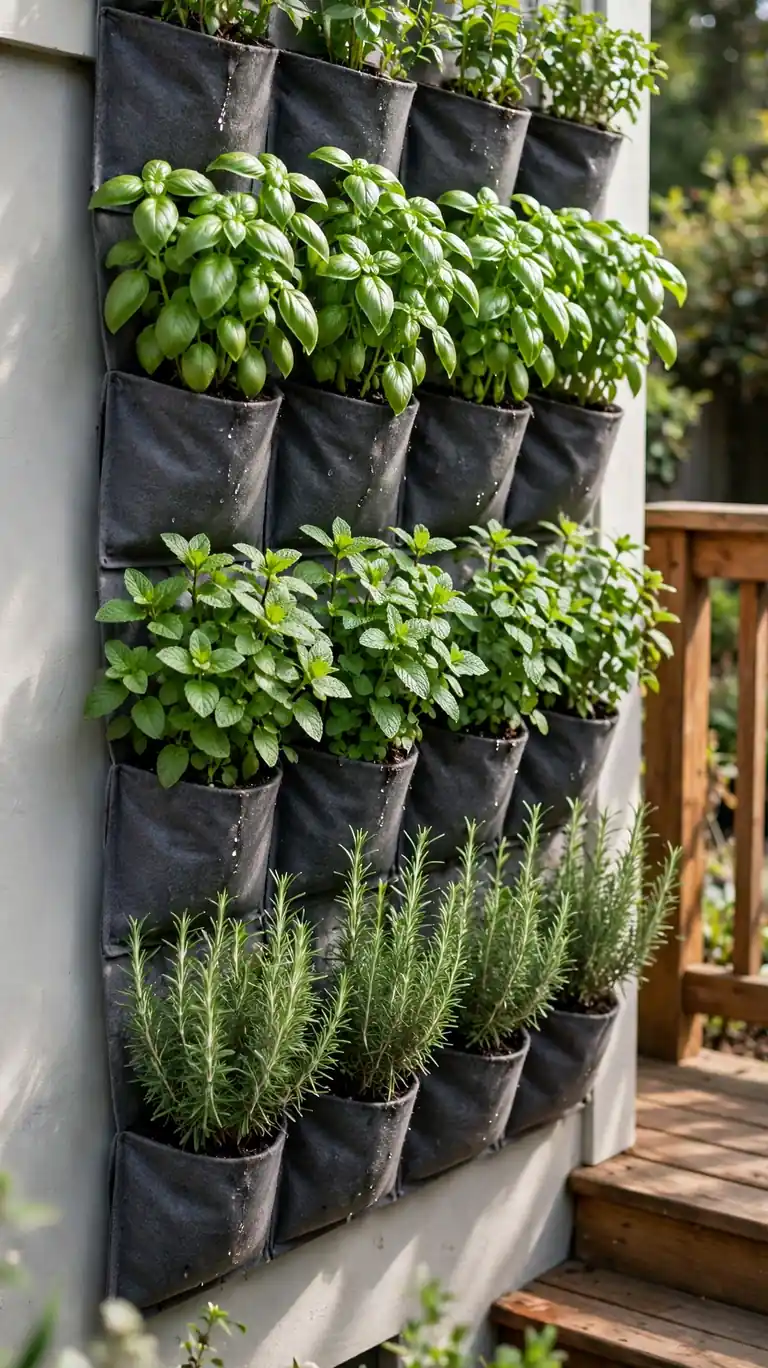 Vertical wall-mounted herb garden with basil and rosemary on a deck house wall.