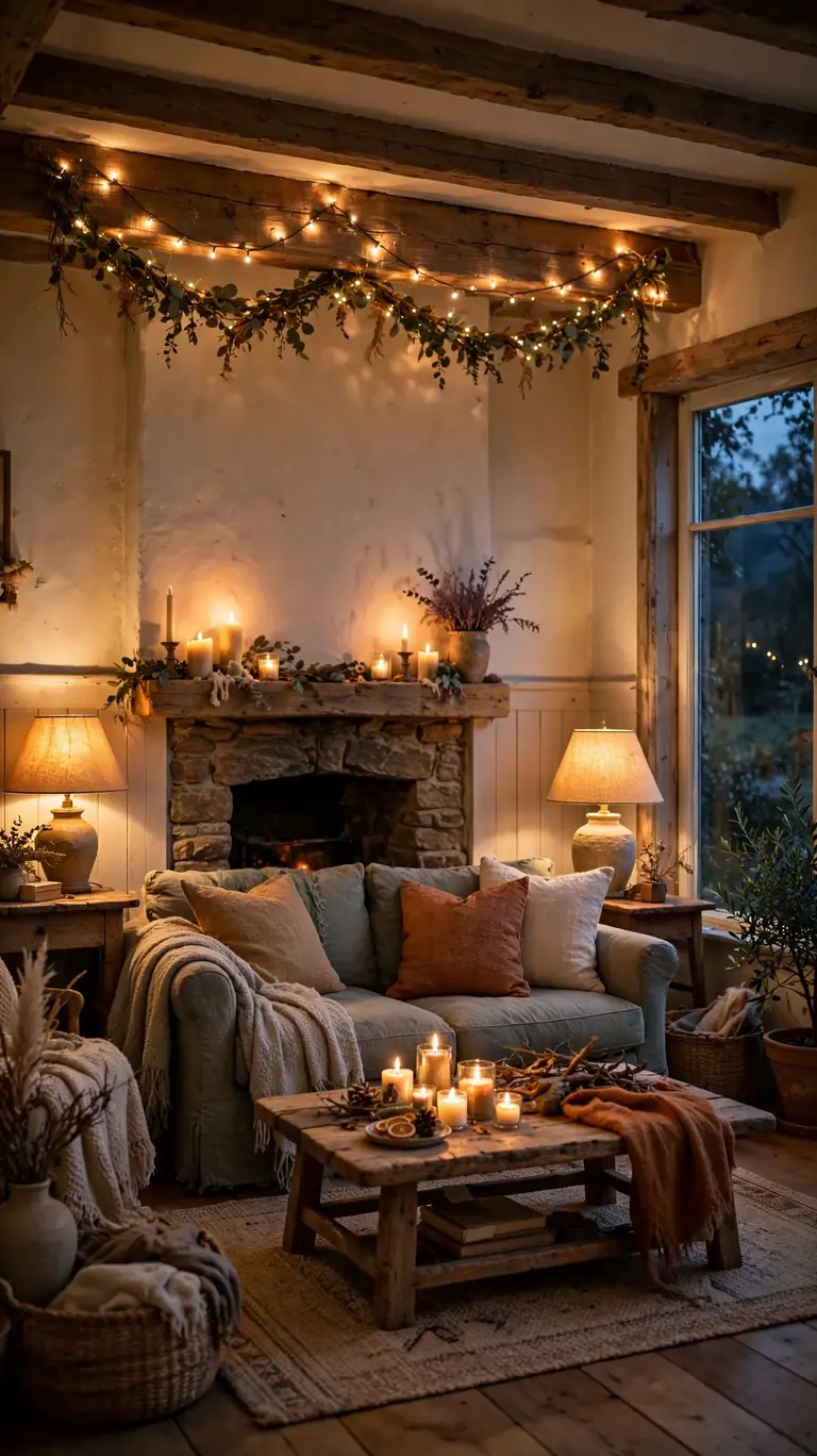 21 Small Lake Cottage Interior Design Ideas That Feel Cozy and Inviting 15 Cottage living room at dusk with layered warm lighting from table lamps, string lights along a beam, and candles.